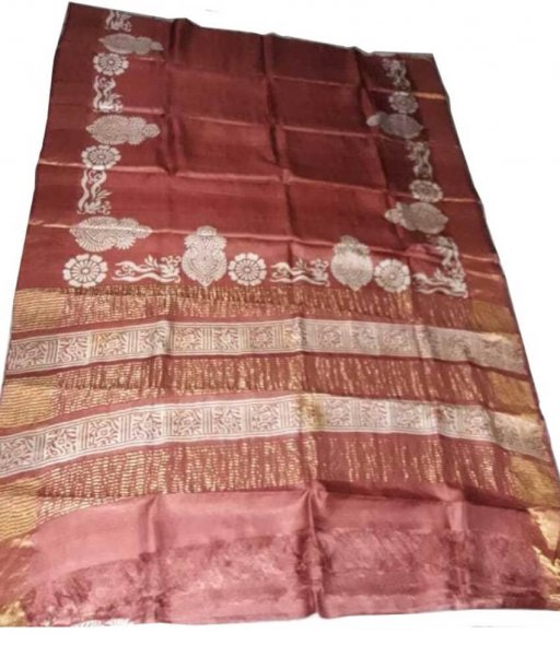 Brown Zari Tussar Silk Saree